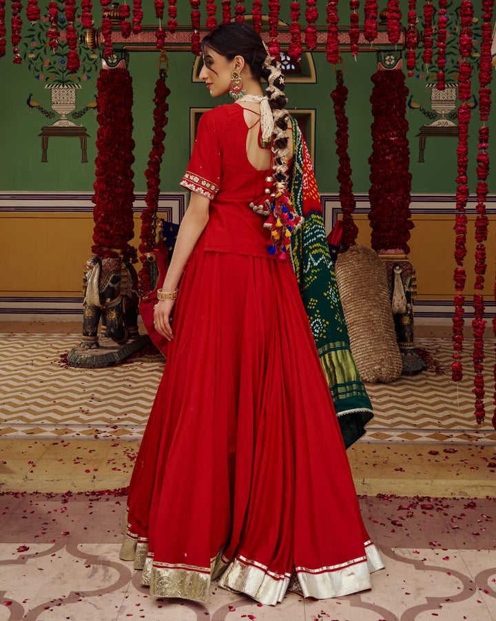Anuroop Red Embroidered Chanderi Lehenga Set