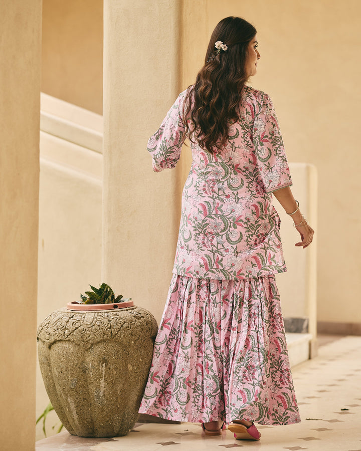 Ander Pink Cotton Printed Kurta Sharara Set