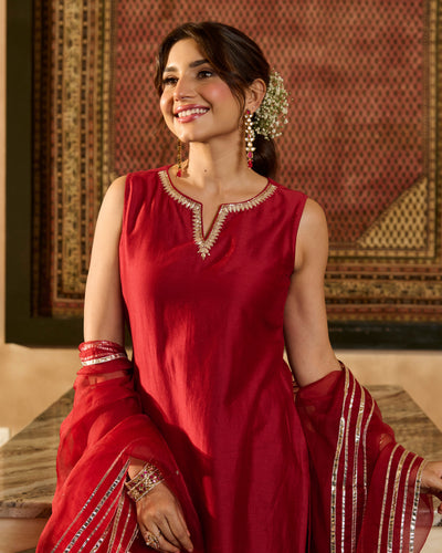 Jugni Maroon Solid Chanderi Suit Set