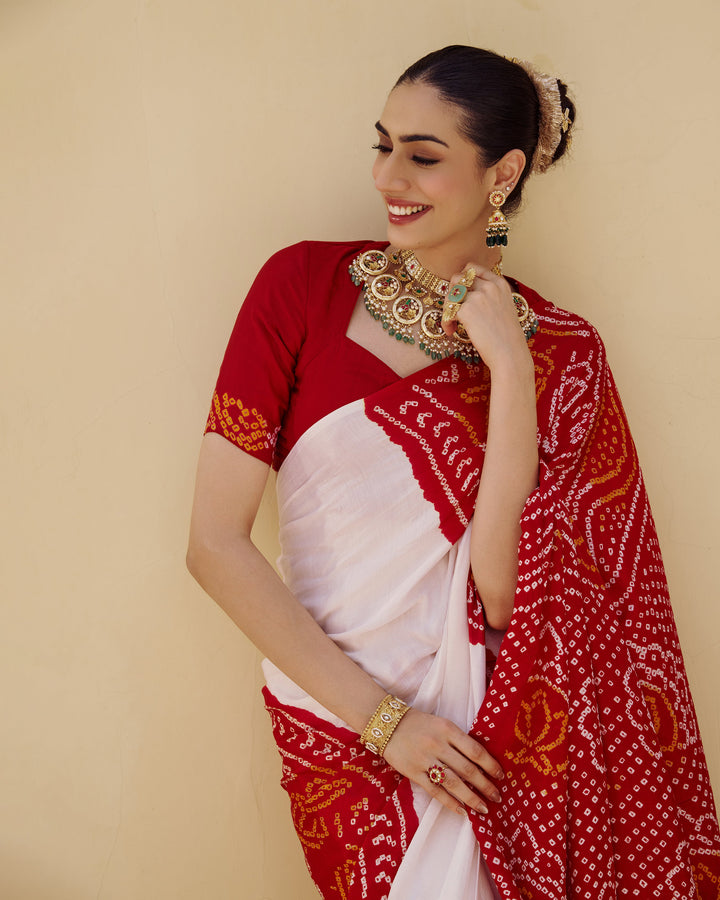 Champa White Kajol Bandhej Silk Saree