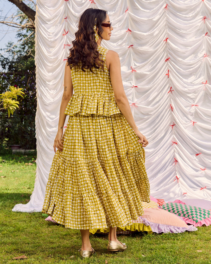 Emer Olive Cotton Checks Printed Dress