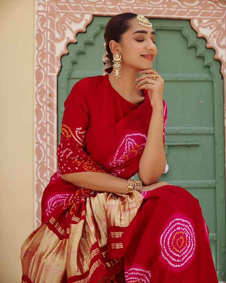Maru Red Bandhej Silk Saree