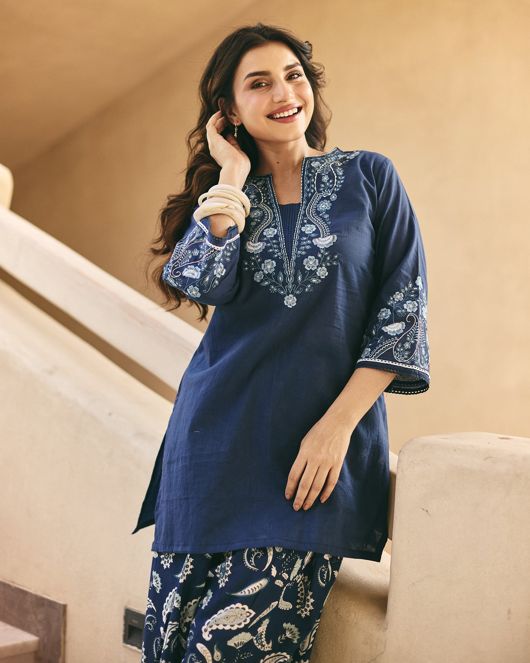 Nella Blue Cotton Printed Farsi Salwar Set