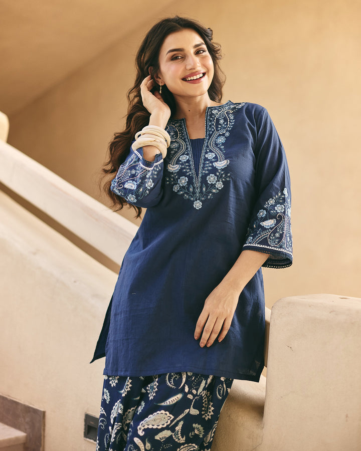 Nella Blue Cotton Printed Farsi Salwar Set