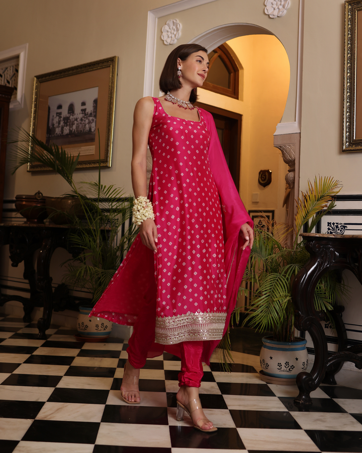 Nira Pink Bandhani Silk Kurta Set