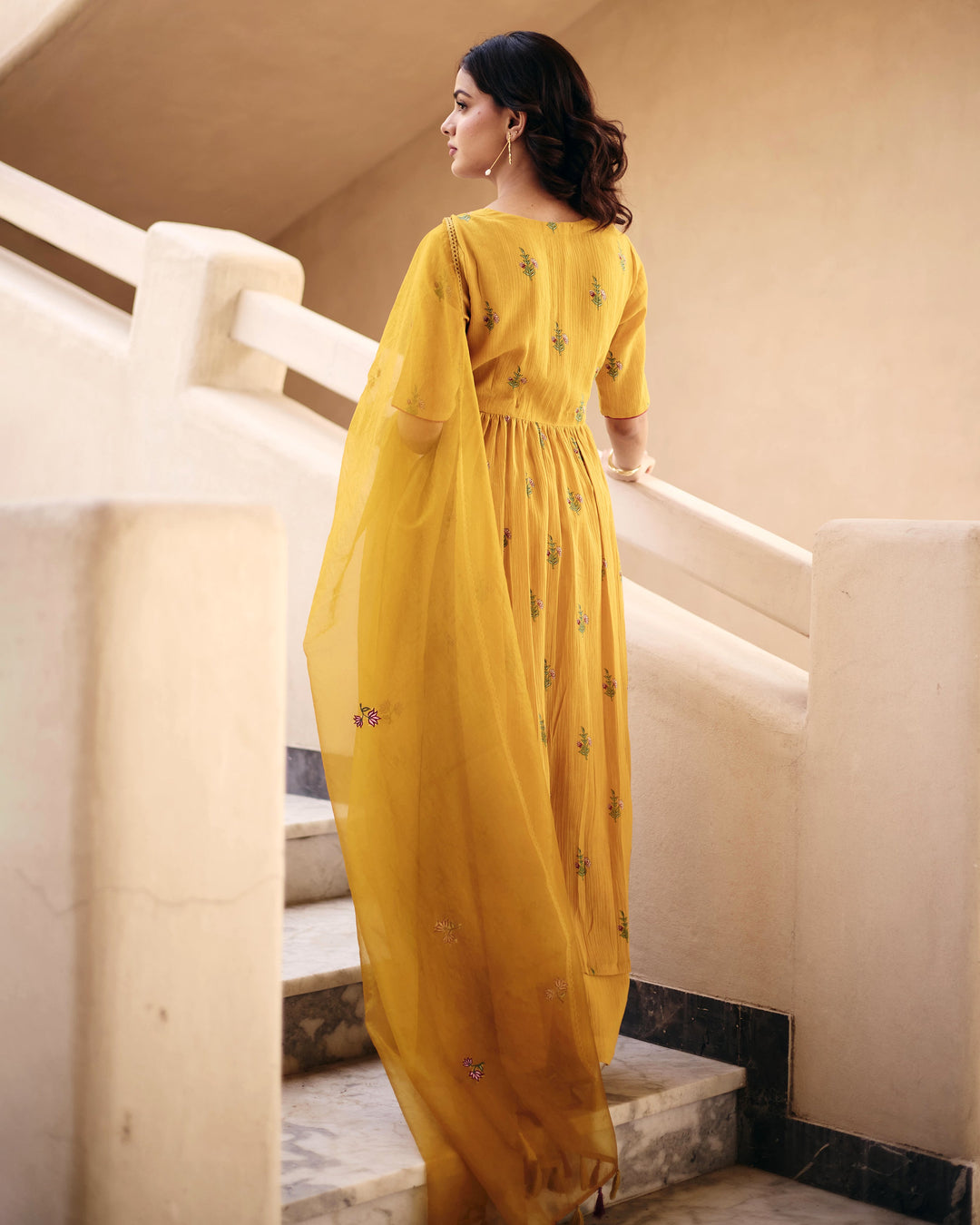 Zina Mustard Cotton Crush Printed Suit Set