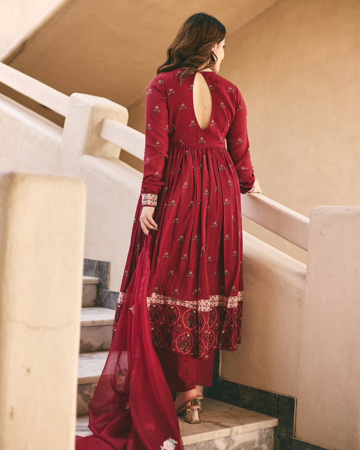 Sara Maroon Cotton Crush Printed Suit Set