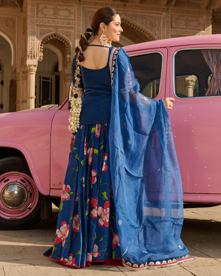 Taj Blue Printed Chanderi Lehenga Set