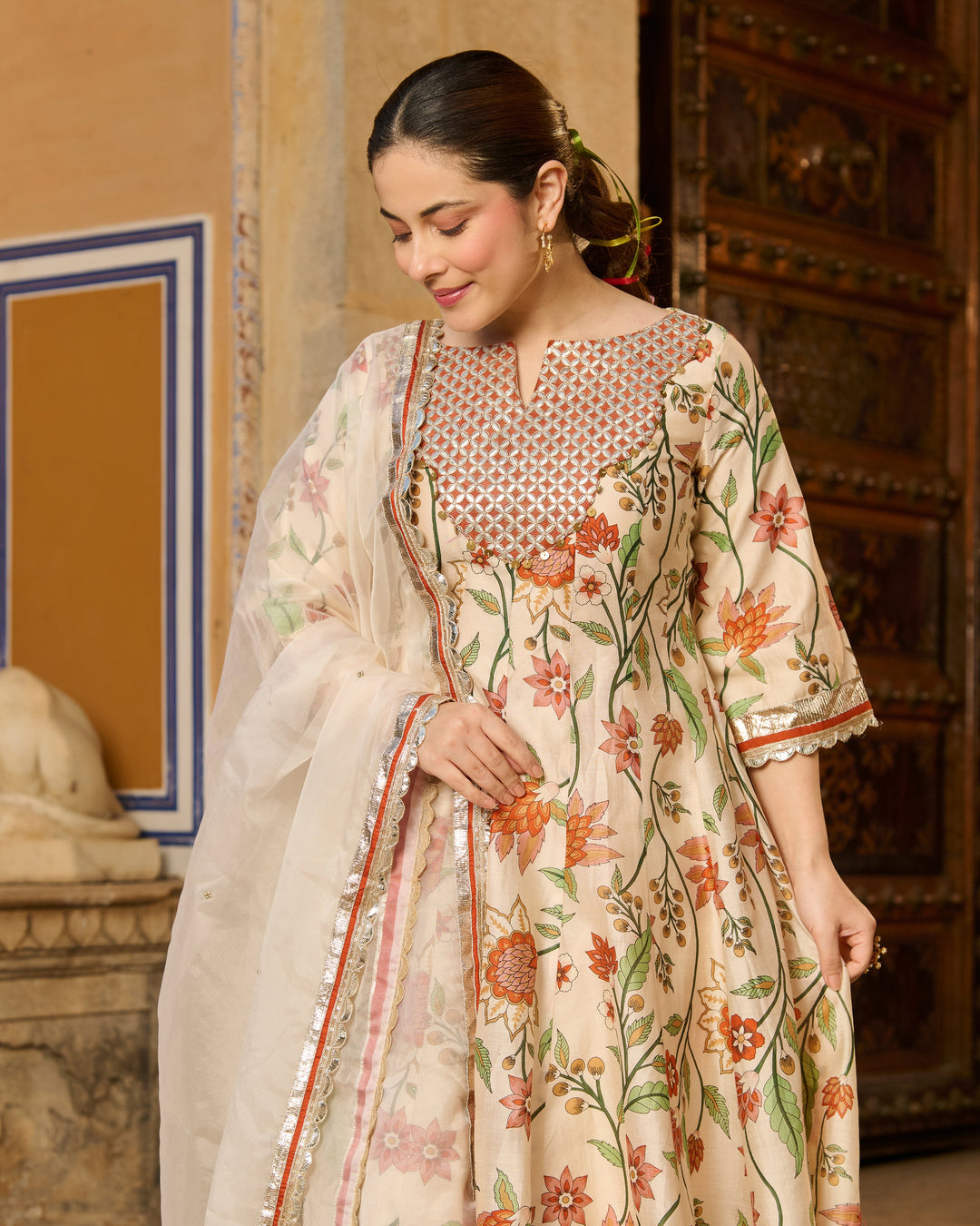 Kora Cream Printed Chanderi Suit Set