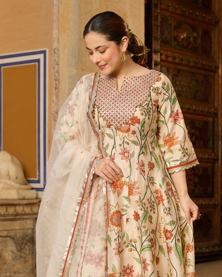 Kora Cream Printed Chanderi Suit Set