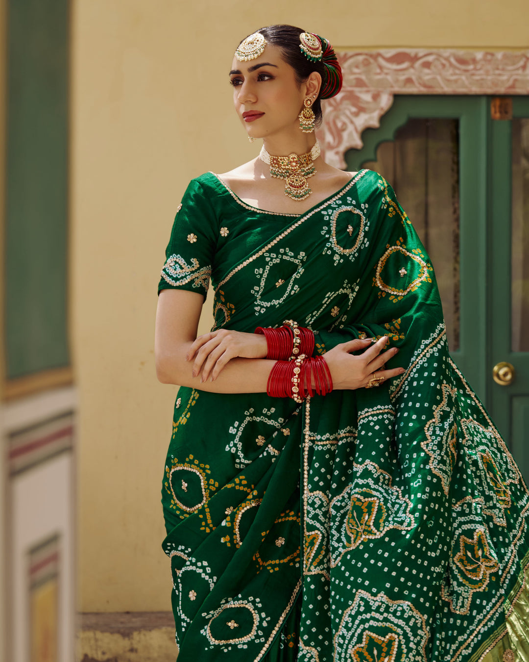 Varsha Green Embroidered Kajol Bandhej Silk Saree