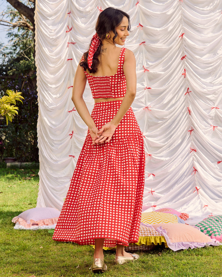 Unnati Red Cotton Checks Printed Coord Set