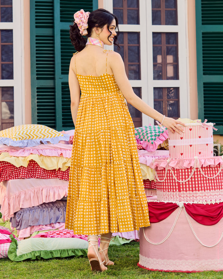 Ulfat Mustard Cotton Checks Printed Dress
