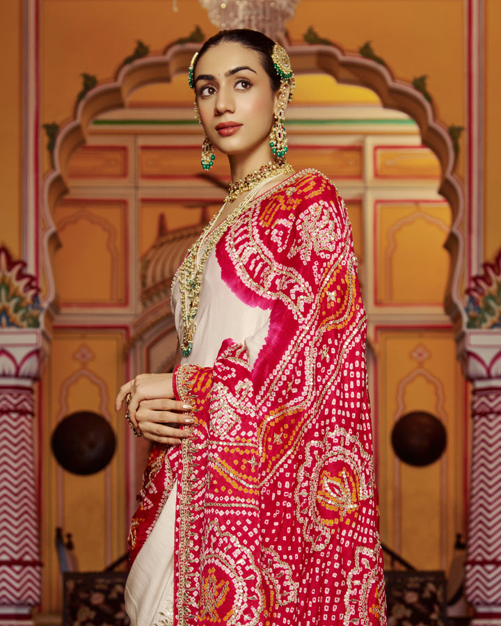 Ghanan White Embroidered Kajol Bandhej Silk Saree