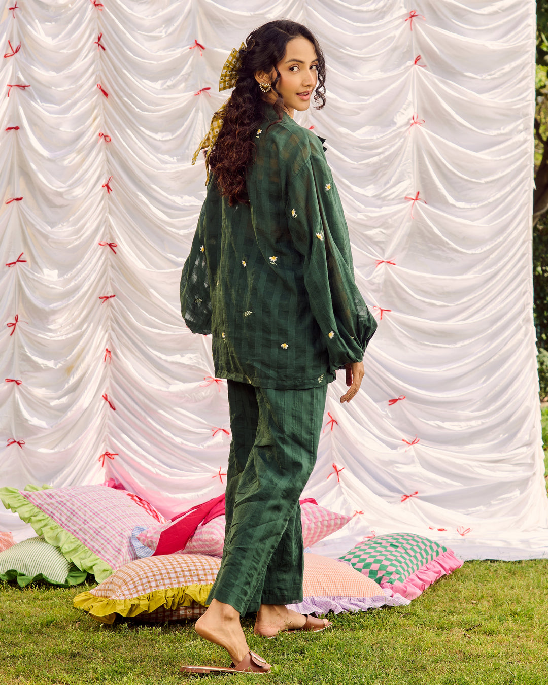 Gina Green Embroidered Cotton Checks Solid Coord Set
