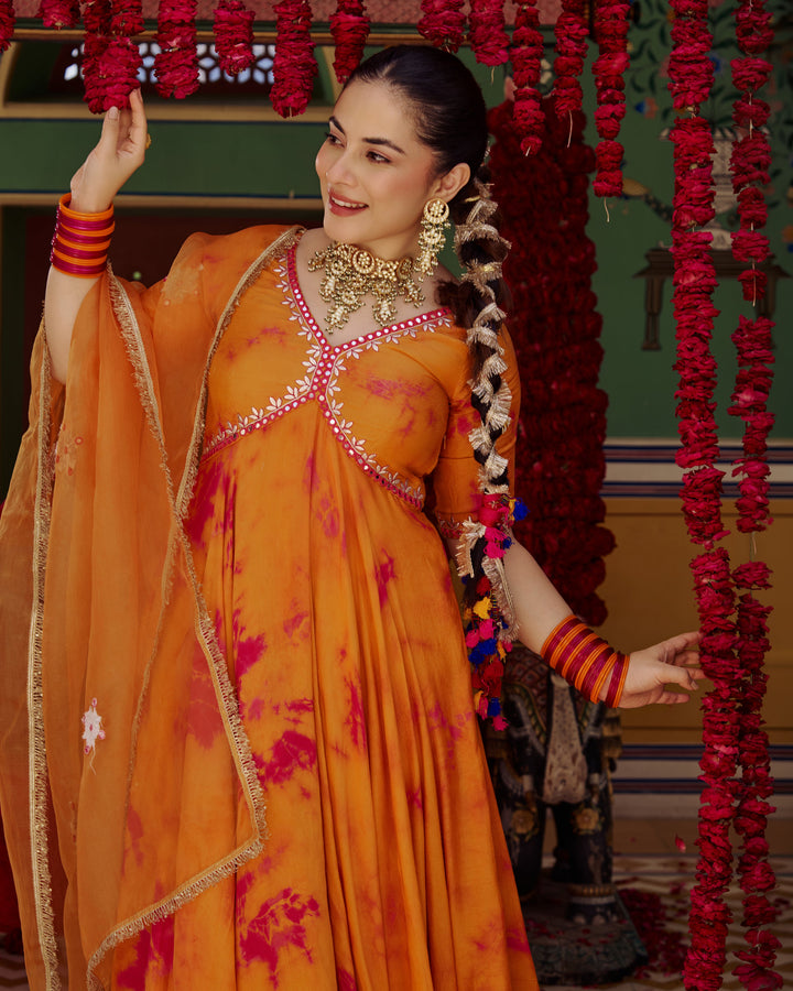 Sapna Orange Pink Tie Dye Muslin Suit Set