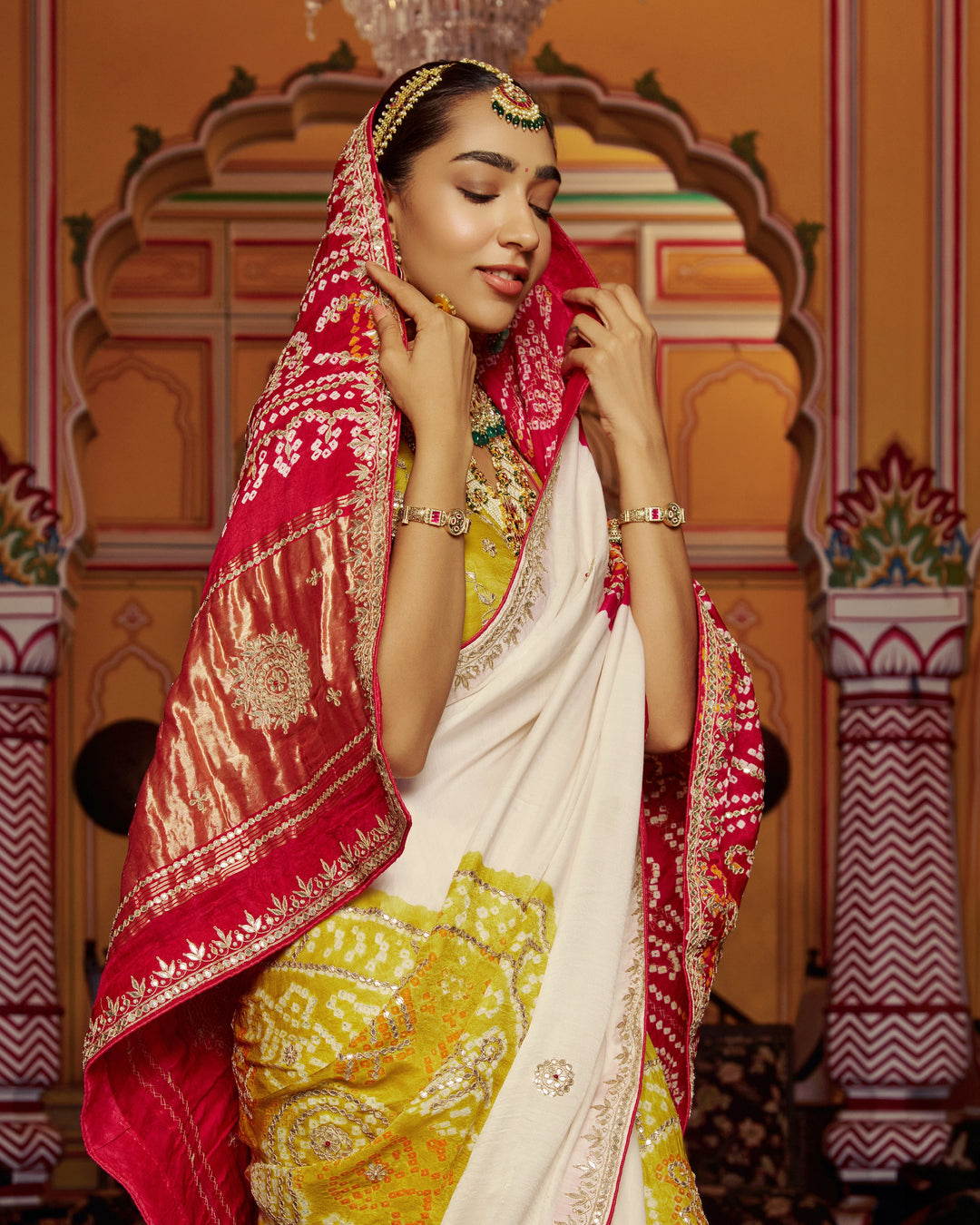 Barkha White Embroidered Kajol Bandhej Silk Saree