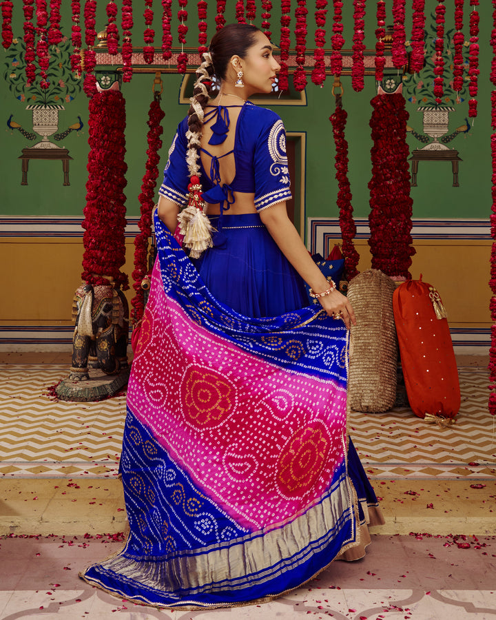 Mora Blue Embroidered Satin Lehenga Set