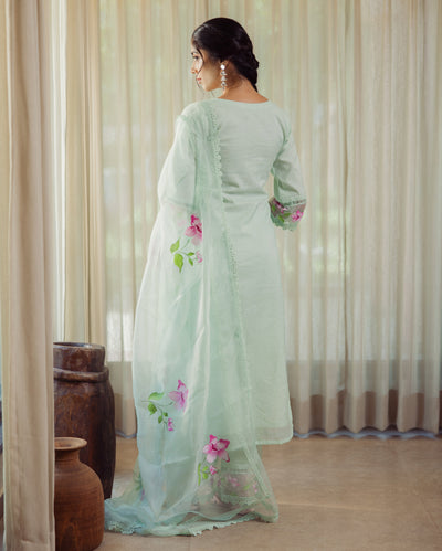 Mirage Mint Green Handpainted Chanderi Suit Set