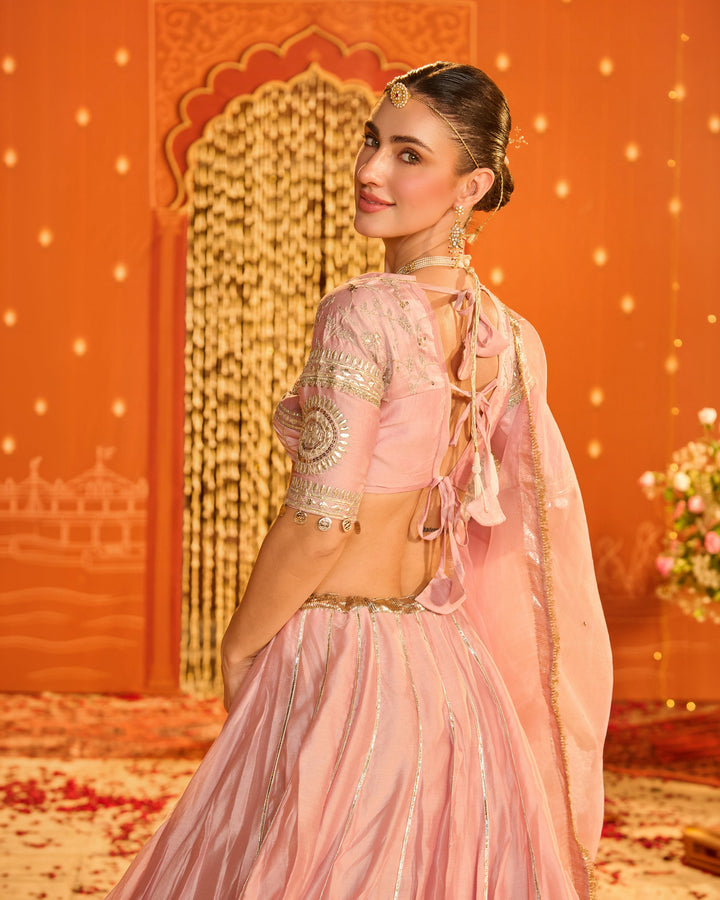 Tejal Baby Pink Embroidered Chanderi Aangi Lehenga Set