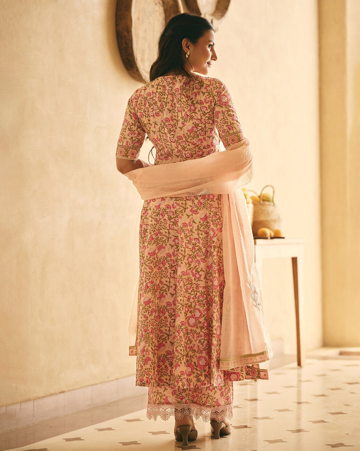 Dima Peach Cotton Printed Suit Set