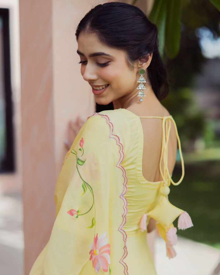 Aura Yellow Handpainted Chinon Suit Set