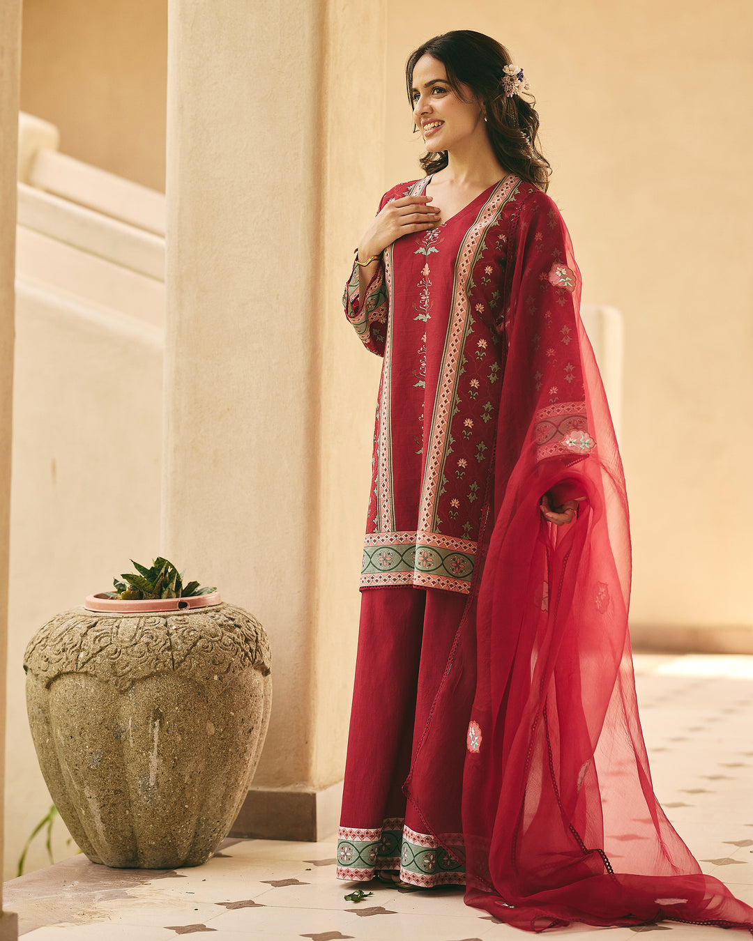 Rina Maroon Cotton Printed Suit Set