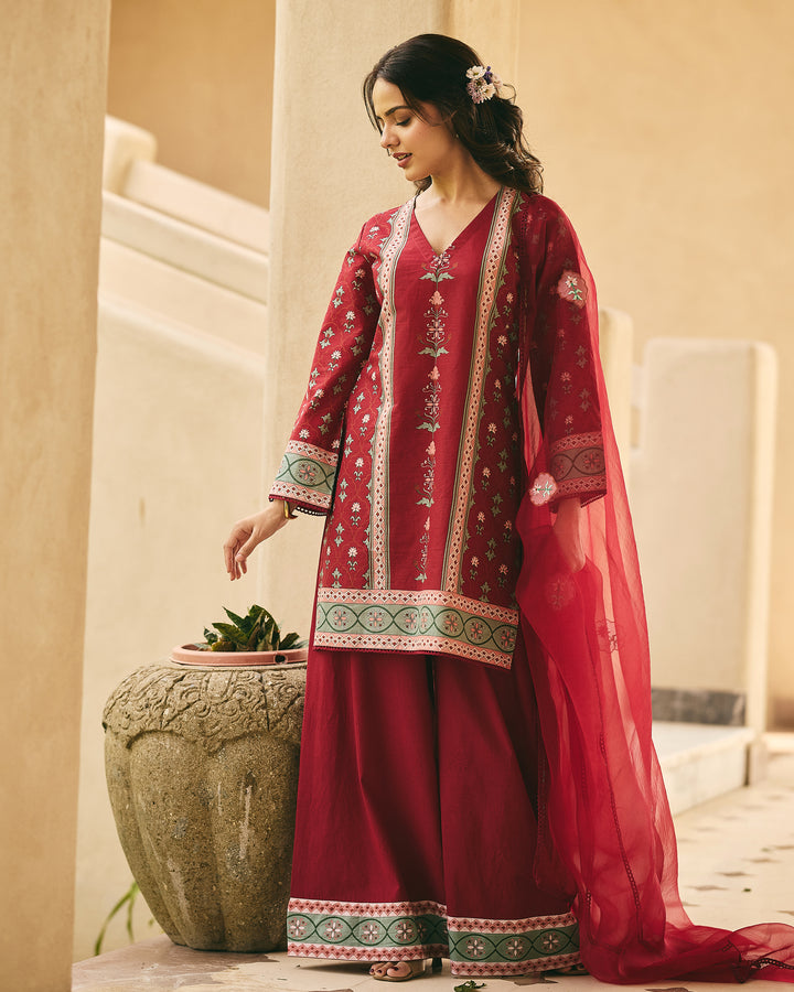 Rina Maroon Cotton Printed Suit Set