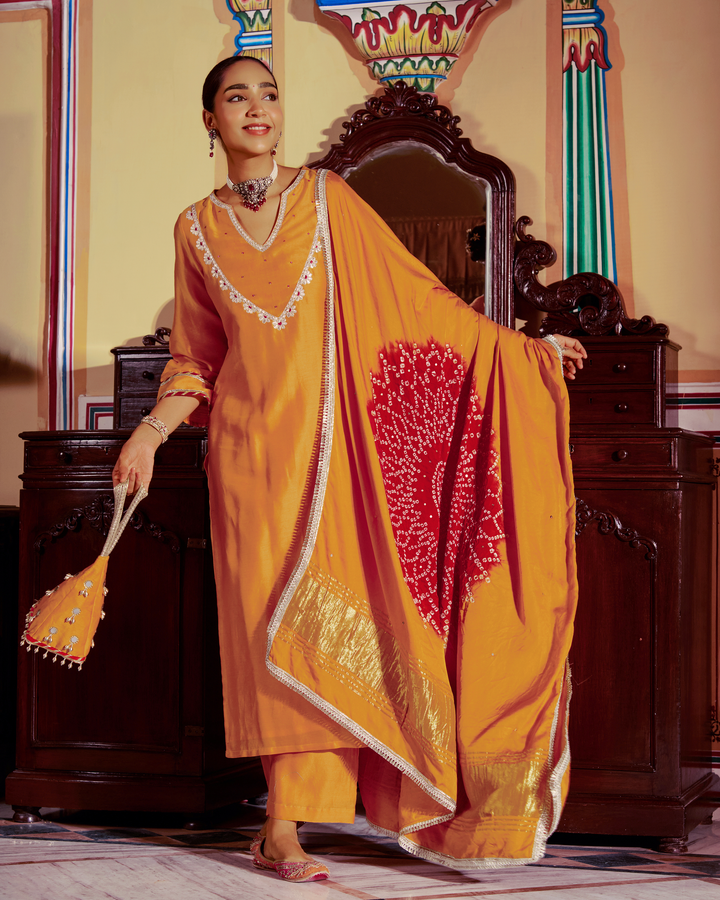 Veera Mustard Embroidered Chanderi Suit Set