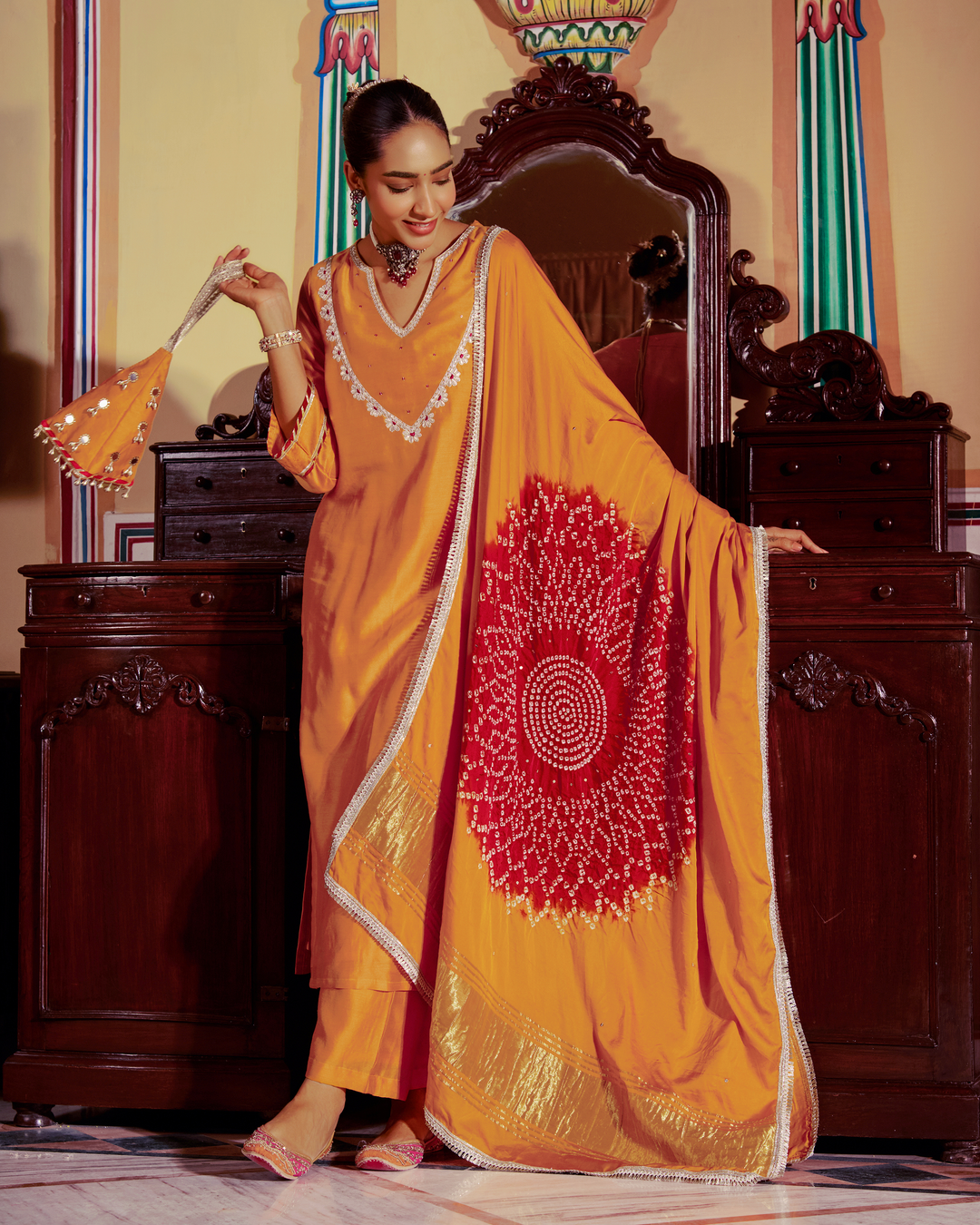 Veera Mustard Embroidered Chanderi Suit Set