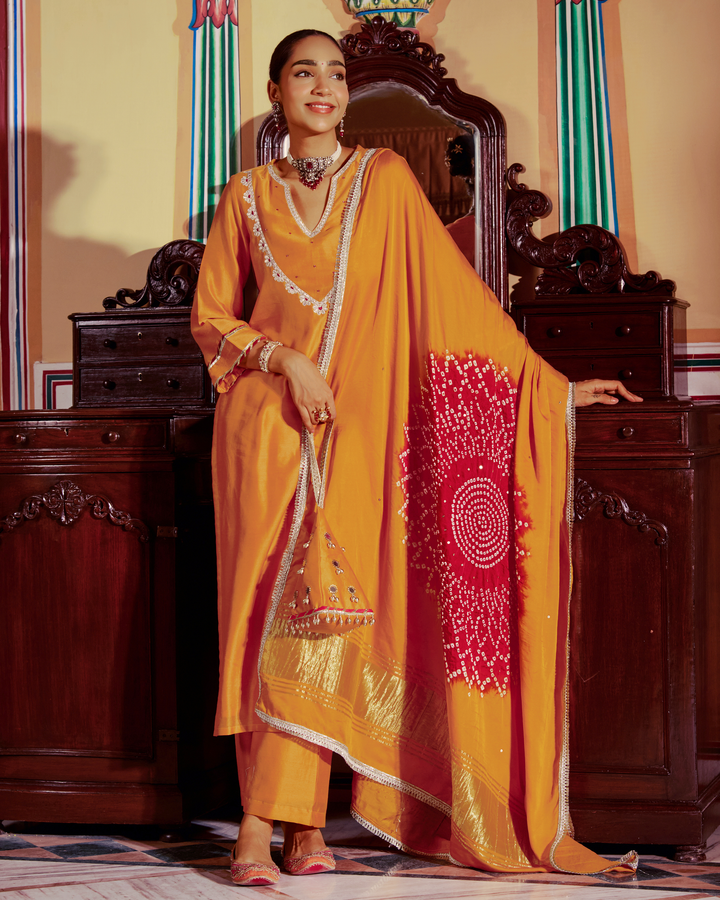Veera Mustard Embroidered Chanderi Suit Set