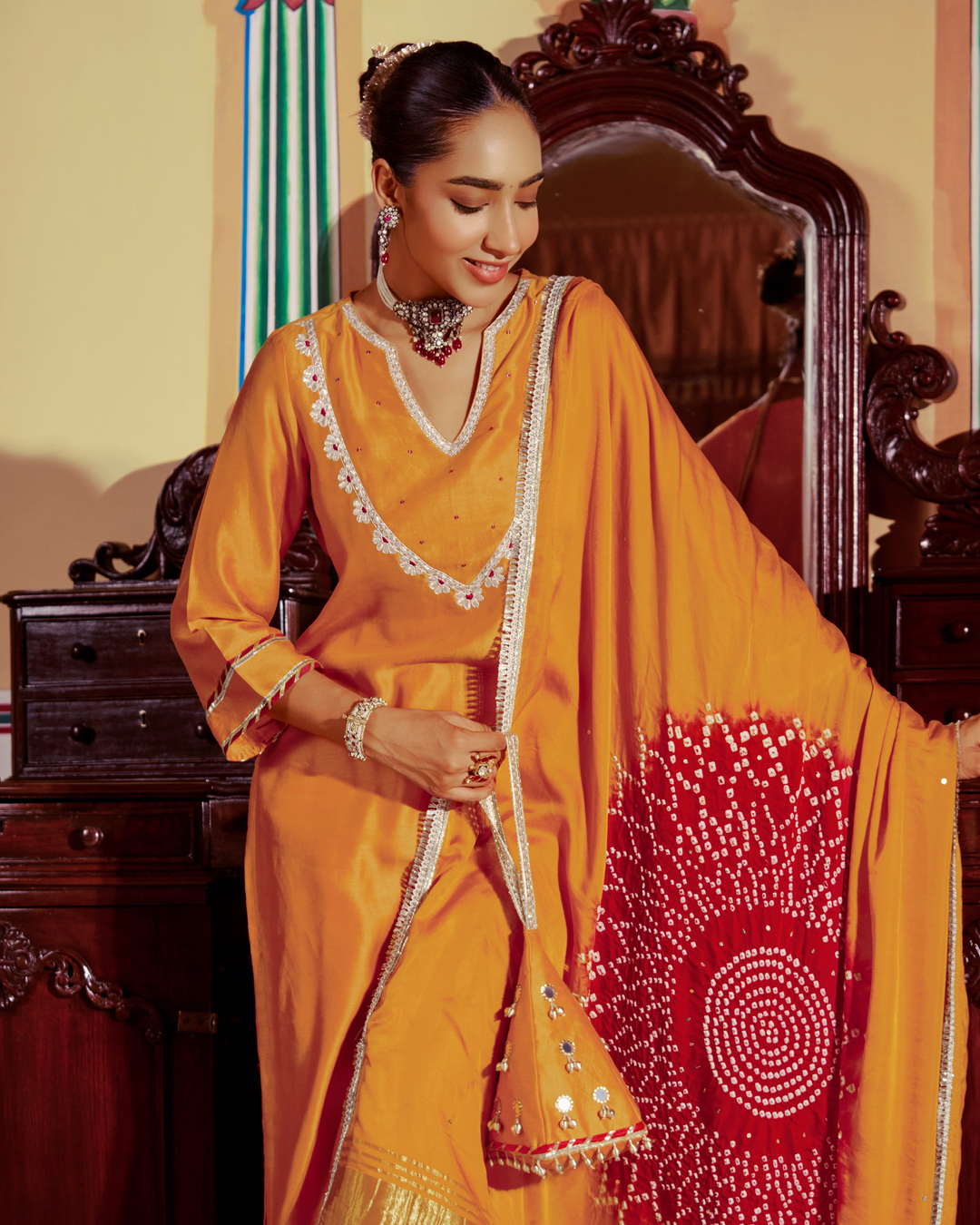Veera Mustard Embroidered Chanderi Suit Set