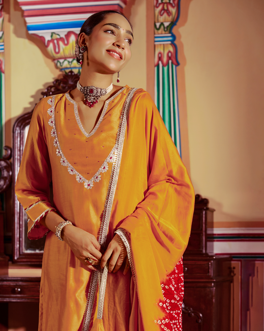 Veera Mustard Embroidered Chanderi Suit Set