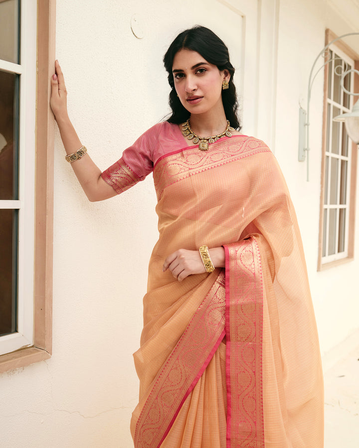 Charm Peach Pink Doria Zari Border Saree
