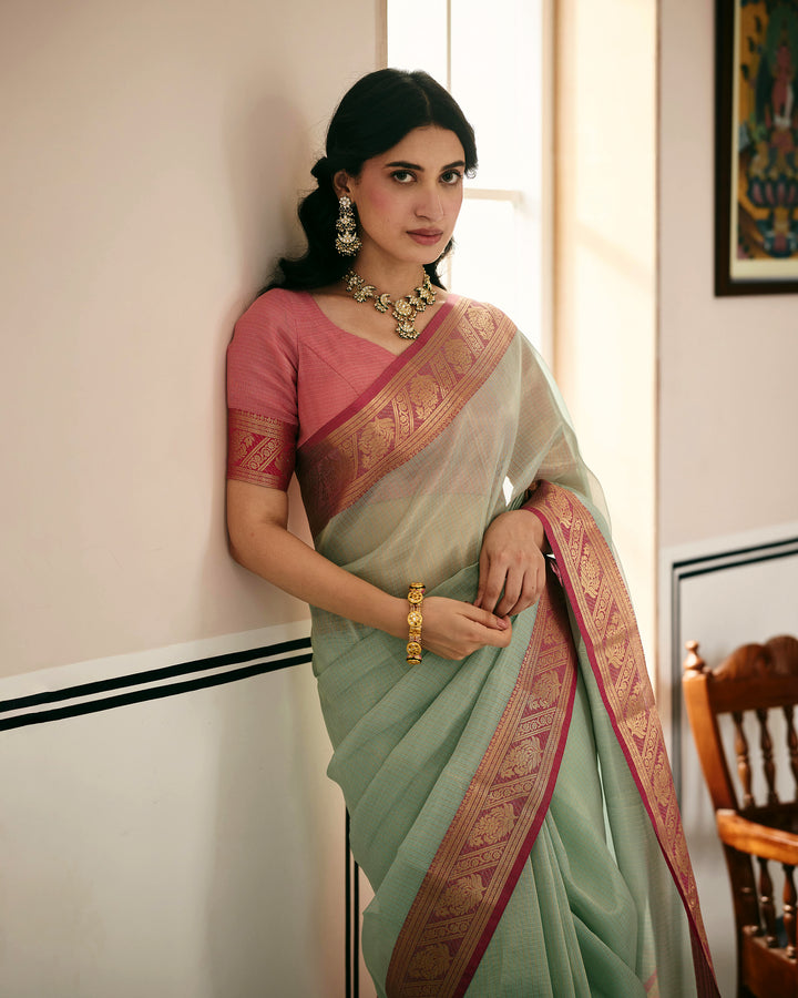 Rajat Sky Pink Doria Zari Border Saree