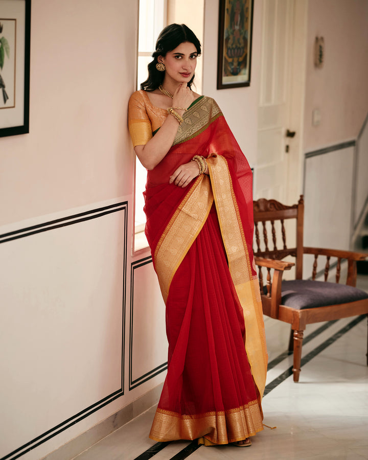 Shahi Red Yellow Doria Butta Border Saree
