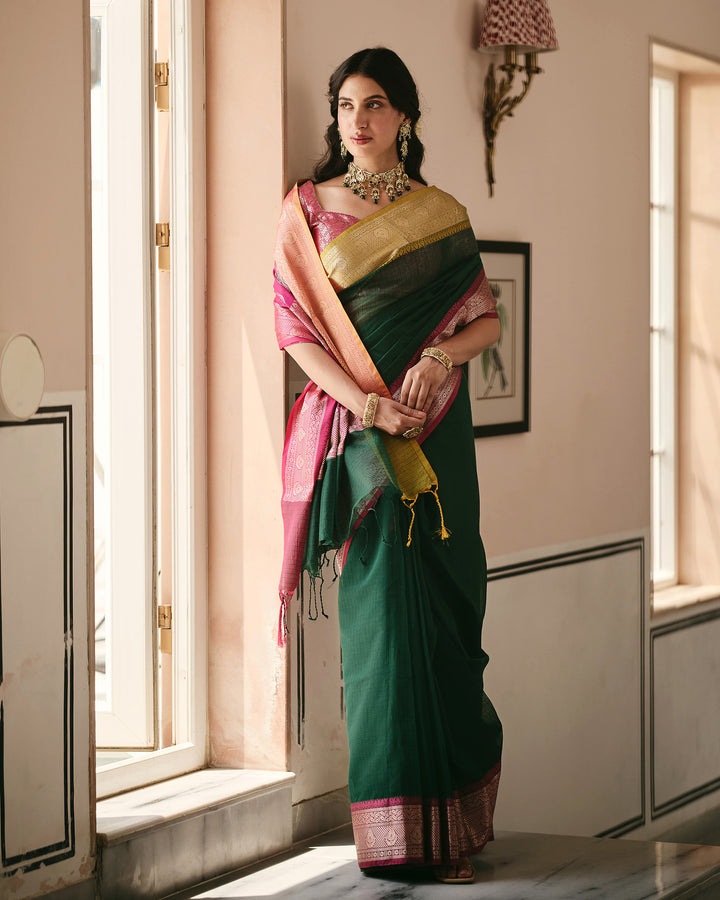 Astera Green Pink Doria Butta Border Saree