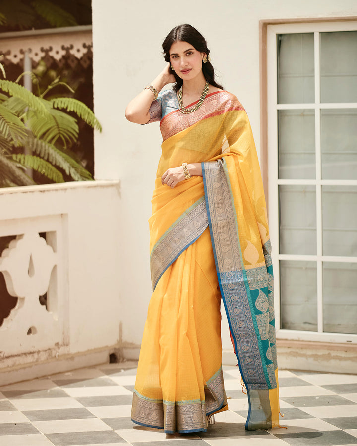 Viona Yellow Blue Doria Butta Border Saree
