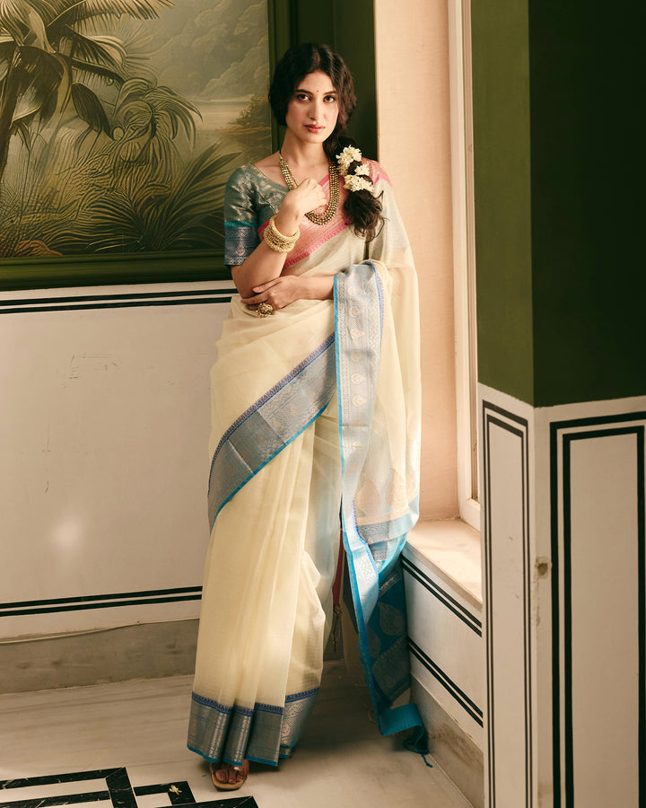 Elaria White Blue Doria Butta Border Saree