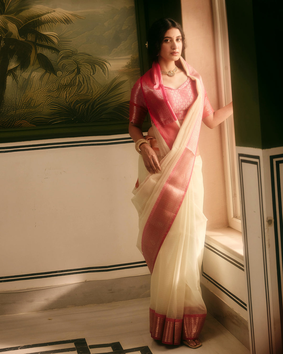 Tana White Pink Doria Butta Border Saree