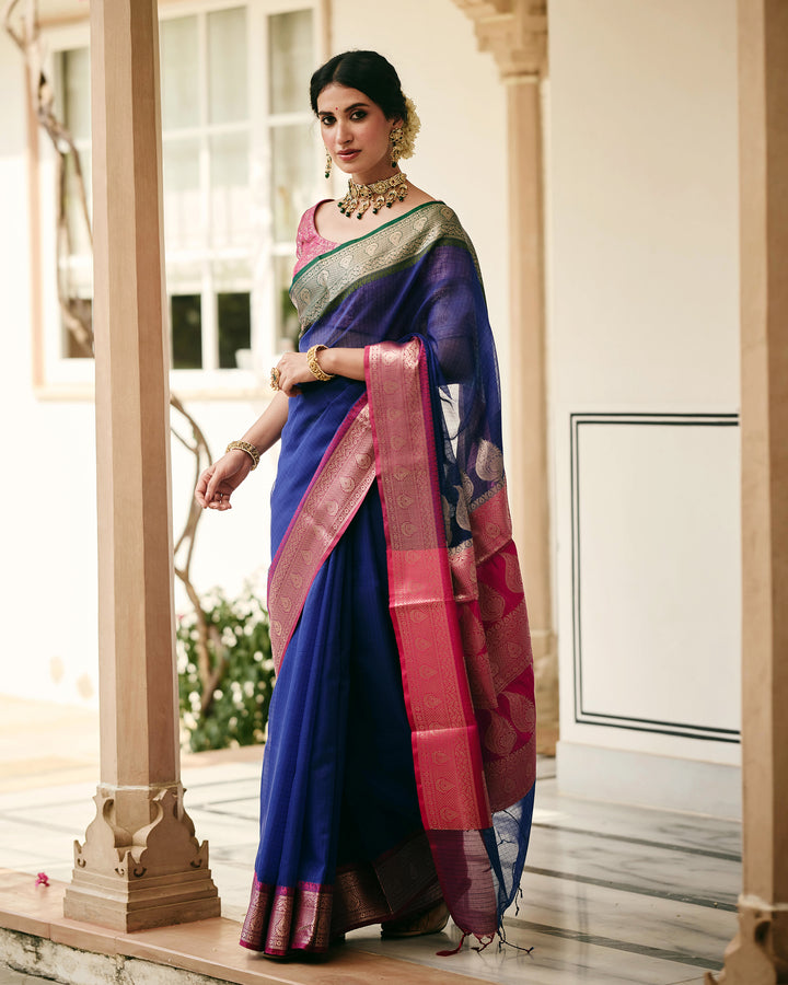 Regal Blue Pink Doria Butta Border Saree