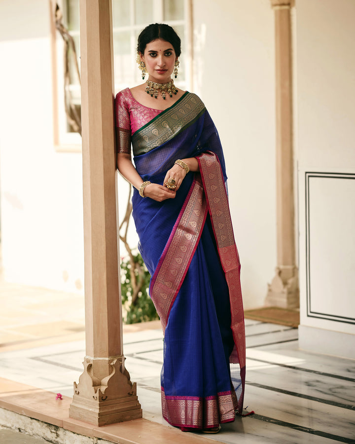 Regal Blue Pink Doria Butta Border Saree