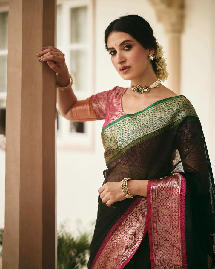 Vaibhav Black Pink Doria Butta Border Saree