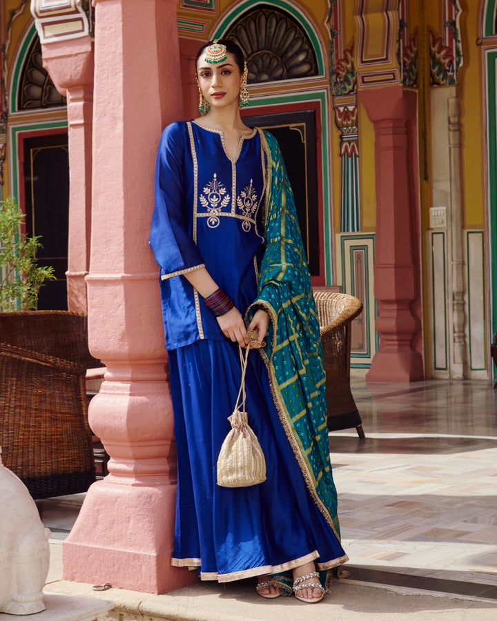 Ishani Blue Embroidered Chanderi Suit Set