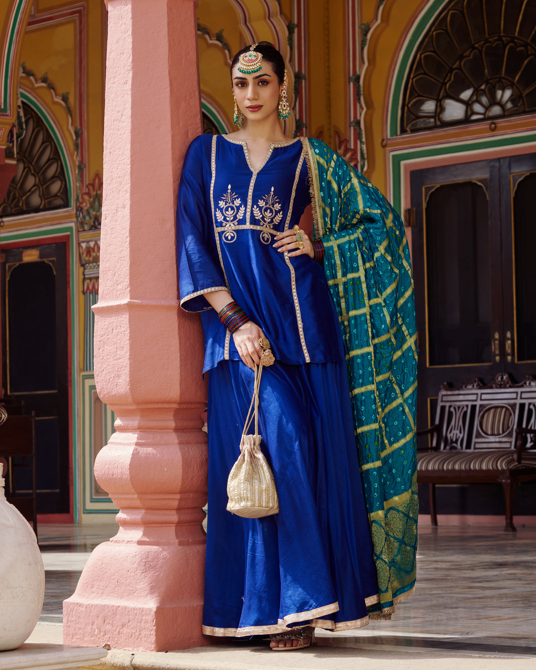Ishani Blue Embroidered Chanderi Suit Set