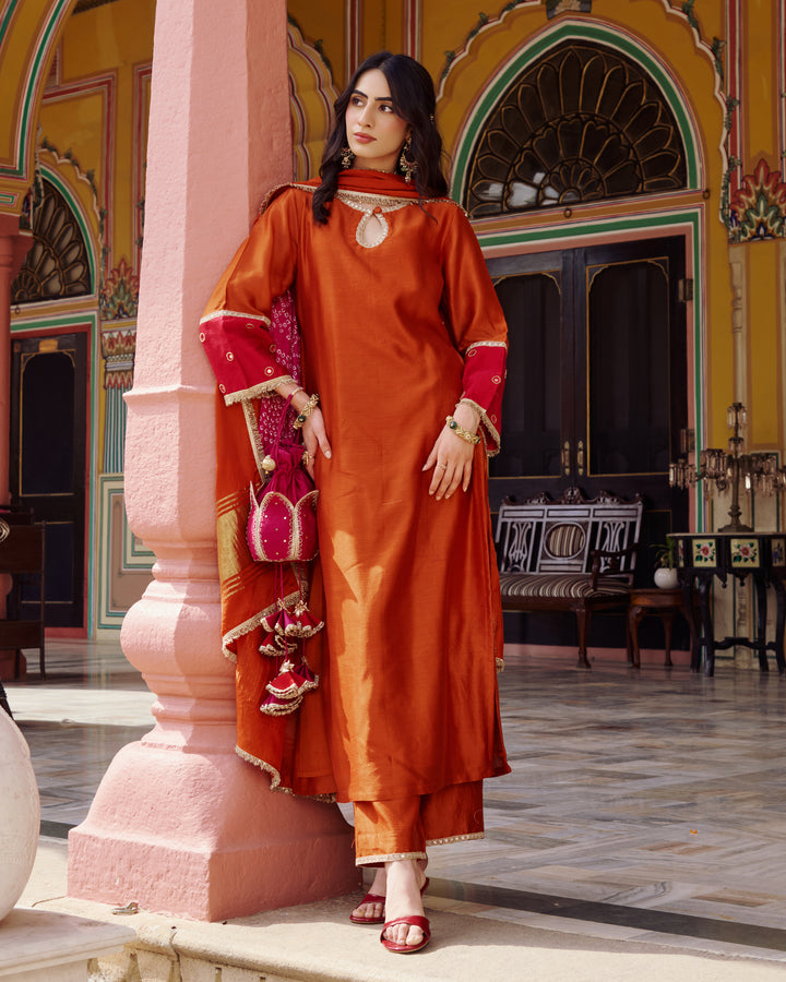 Priya Orange Embroidered Chanderi Suit Set