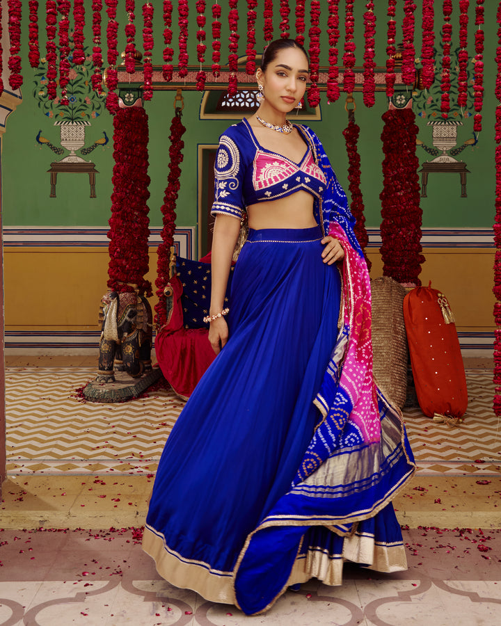 Mora Blue Embroidered Satin Lehenga Set