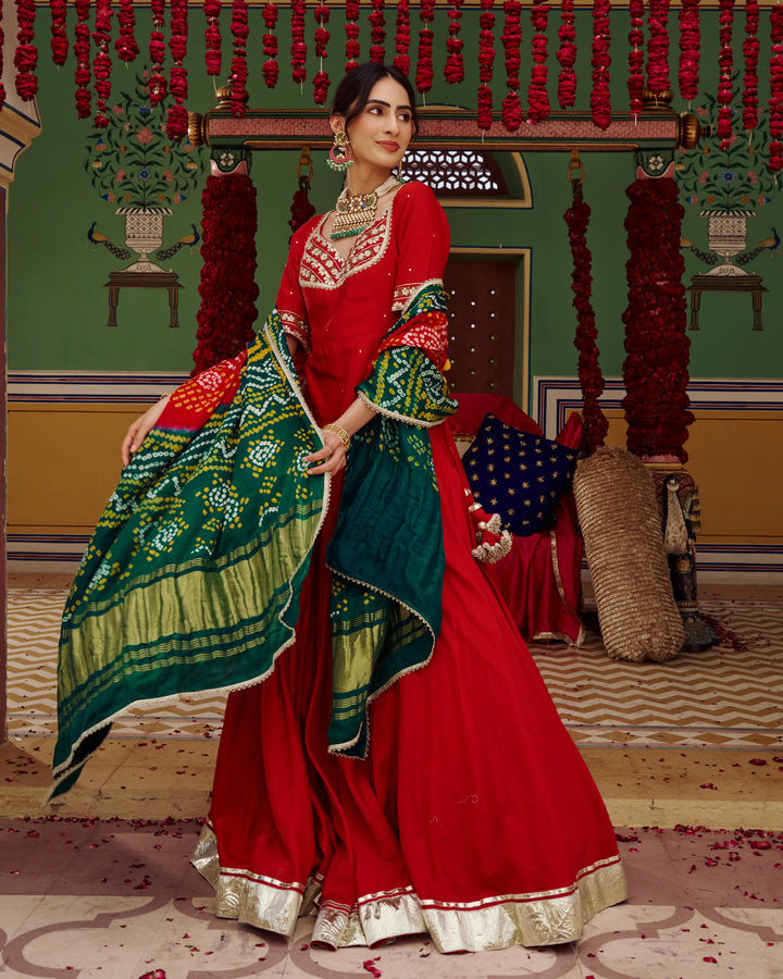 Anuroop Red Embroidered Chanderi Lehenga Set