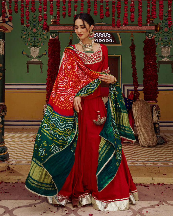 Anuroop Red Embroidered Chanderi Lehenga Set