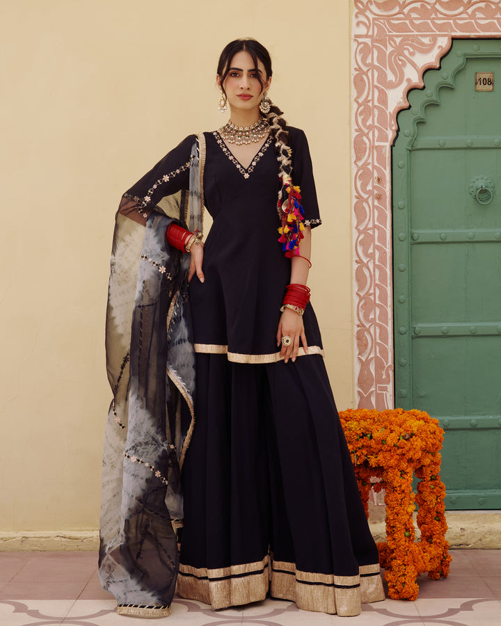 Indu Black Embroidered Chanderi Suit Set